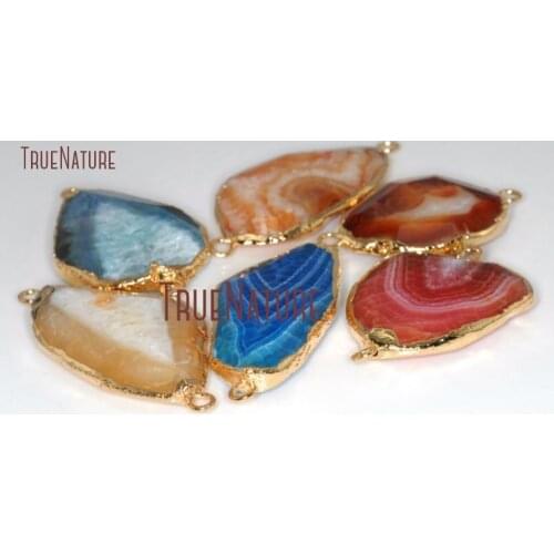 10Pcs Discount Random Color Stripped Agates Connector Gold Color Free Form Connector Approx 28mm PC12163