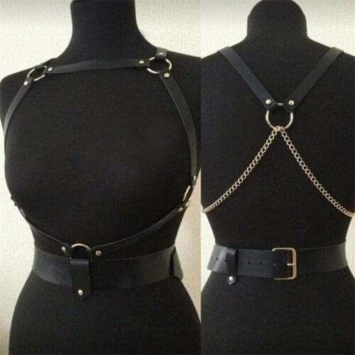 100% Handmade Punk Cosplay Gothic Cool Leather Women Harness Waist Belt Chain Metal Link Body Suspender Straps