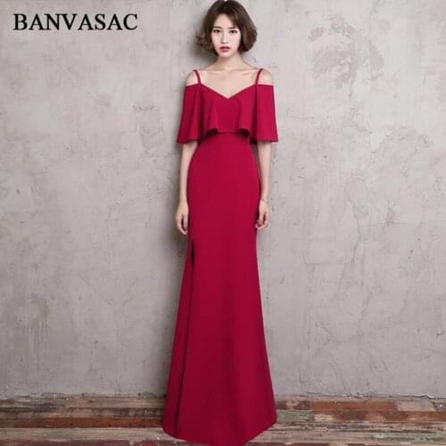 BANVASAC 2018 V Neck Spaghetti Strap Split Mermaid Long Evening Dresses Party Short Sleeve Backless Prom Gowns