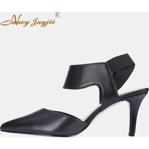 Large Size 11 13 Summer Black High Stilettos Sandals Woman Pointed Toe Elastic Band Heels Soft Leather Beautyfeet Fashion Party