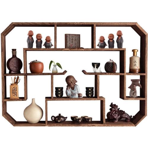 Household solid wood Chinese wall mounted teapot display shelf simple modern antique decorative storage rack living room