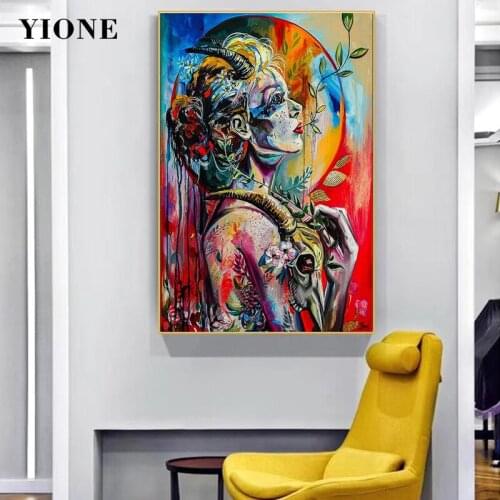 Color Graffiti Art Woman Canvas Poster Oil Painting Abstract Gothic Sheep Skull Girl Canvas Picture Print on the Wall Home Decor