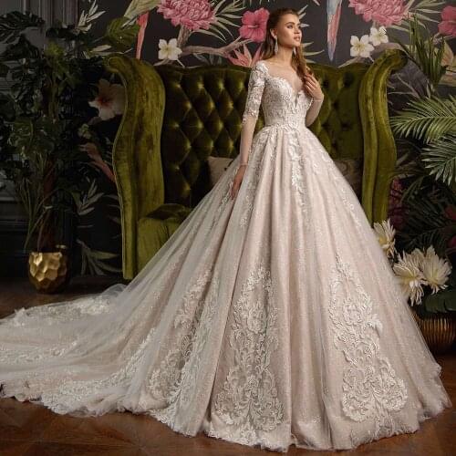 Elegant Long Sleeve Lace Princess Wedding Dresses 2020 Luxury Appliques Court Train Zipper Vintage A Line Bridal Gowns