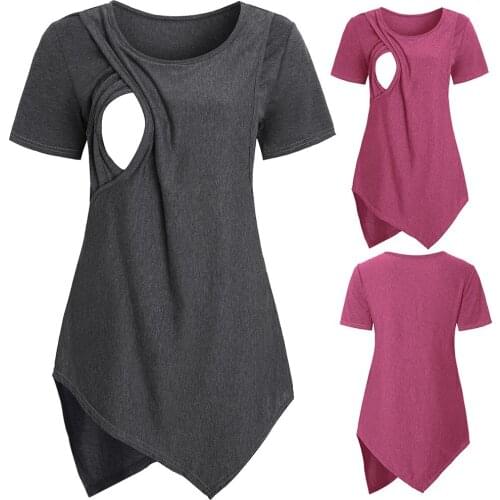 Maternity T-shirt Short Sleeve Pregnant Tee Nursing Baby Breastfeeding Pure Color T-shirt Pregnancy Tops Women Maternity Clothes