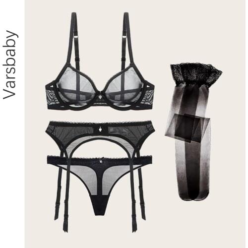 Varsbaby sexy bras+garters+thongs+stockings 4 pcs unlined underwire underwear transparent yarn lingerie set