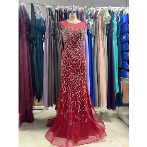 Red Long tulle Sequins Evening Dress 2021 New fashion elegant Sewing beads luckgirls Customizable prom Dress mocini tailor