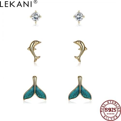 LEKANI Genuine 925 Sterling Silver For Women Jewelry Fish Tail & Dolphin Stud Earrings Clear Zircon Setting Samll Earrings Gift