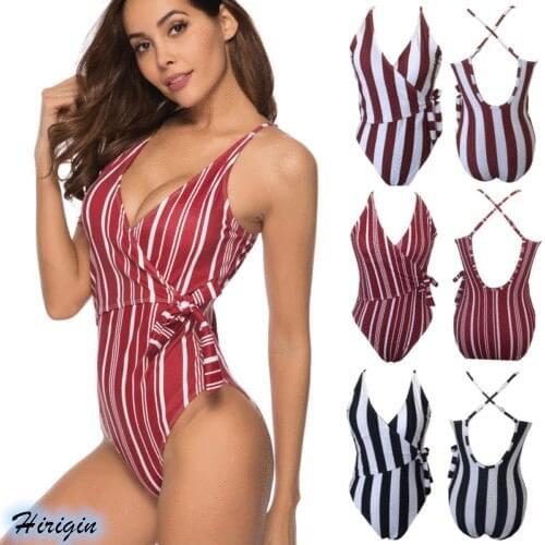 Summer Women Casual Striped Swimsuits 2019 new Women Summer Casual Lace Up Padded Push Up Striped Swimsuit
