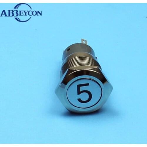 Momentary Number "5" Logo Illuminated 1NO1NC Metal Top Shell Pin Terminal Silver Elevator 19mm Waterproof Push Button Switch