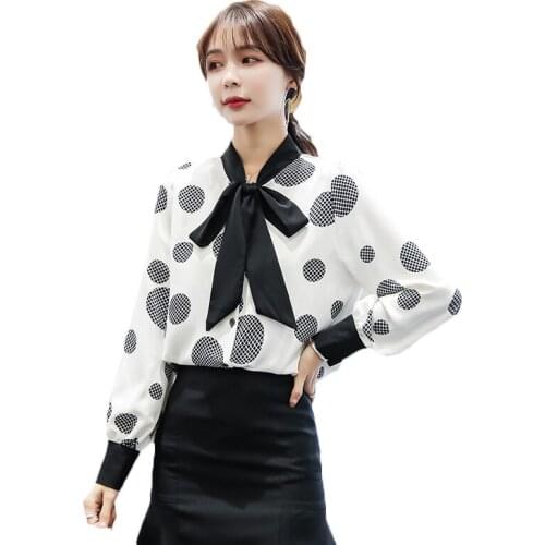 Fashion Chiffon Shirt Womens Long-sleeved 2021 Spring Autumn Blouse New Temperament Polka Dot Top Bow Tie Shirts 223A