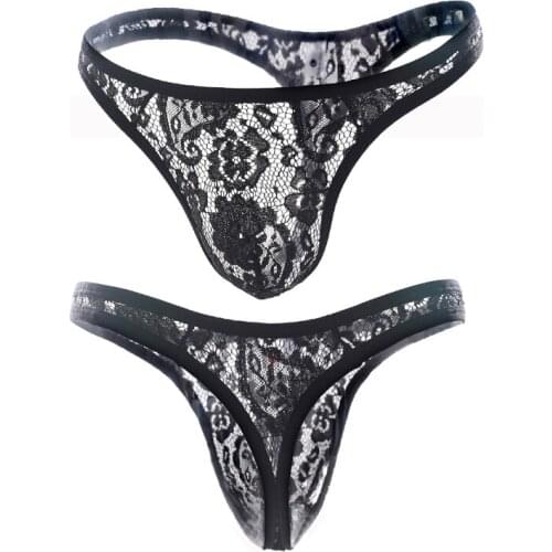 Men Sexy Lace Transparent Bikini G-string Black White Seamless Funny Thong Jocks Tanga Underwear Shorts Exotic T-back For Homme