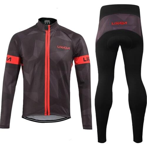 Lixada Mens Winter Thermal Fleece Cycling Clothing Set Long Sleeve Windproof bike jersey Coat Jacket with 3D Padded Trousers