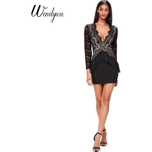 Wendywu New Free Shipping Sexy Wrist Sleeve Lace Patchwork Tassel Black Club Bodycon Mini Dress