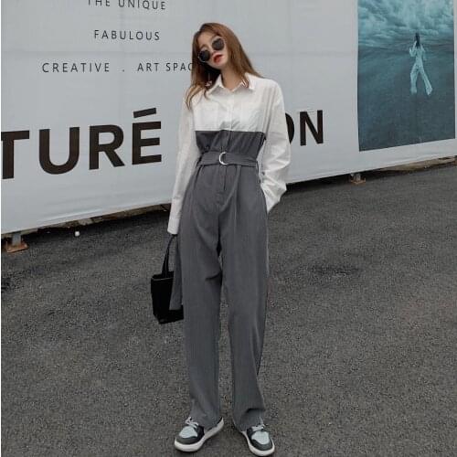 Autumn Women Gray Striped Jumpsuit French Style Shirt Stitching Rompers Playsuits Waist Wide Leg Casual Overalls Female Outfit