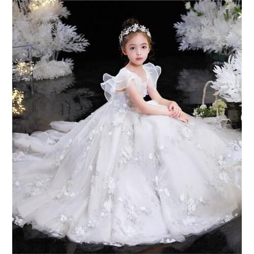 White Ivory A-Line Flower Girl Dress for Wedding Ruffles Appliques Children Birthday Gown Princess Pageant Gowns Photography