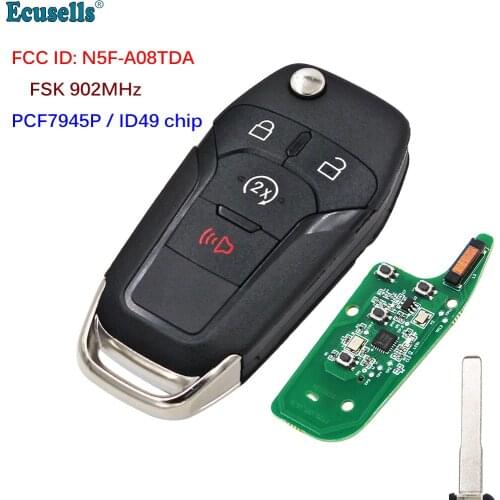 Flip Remote Key FSK 902MHz PCF7945P/HITAG 49 Chip for Ford F150 F250 F350 F450 F550 Ranger Fusion FCC ID: N5F-A08TDA HU101 Uncut