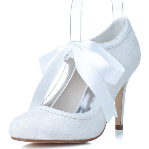 High Heels Lace Wedding Shoes Women Round Toe Ribbon Tie Heeled Prom Evening Bridal Party Ladies Dress Pumps