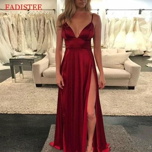 New Style Sexy V-neck Spaghetti Straps Prom Party Evening Dresses Prom Dresses Robe De Soiree Vestidos De Fiesta Side Slit