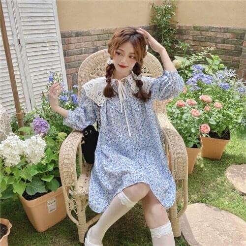 Japanese Sweet Soft Girly Children Dress Summer Vintage Blue Flower Printes Sailor Collar Short Sleeve Girl Princess Dress Femme
