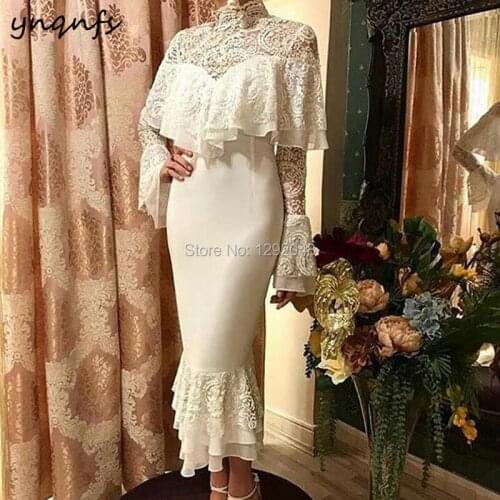 YNQNFS E44 Elegant Tea Length High Neck Long Sleeve Ruffles Lace Off White Evening Dress 2019