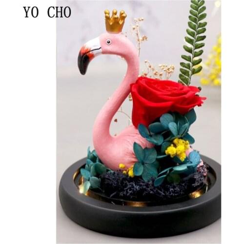 YO CHO Everlasting Rose Preserved Flower Real Rose Hydrangea Foam Flamingo Immortal Rose Flower Christmas Valentine Glass Gift