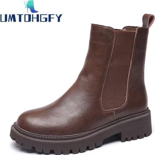 Womens Chelsea Boots Genuine Leather Autumn Winter Ankle Retro Martin Boots Plush Flat Punk Girls Shoes Bullock Casual Platform
