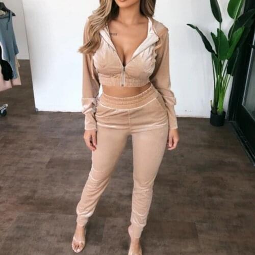 Two Piece Set Women Velvet Hoodied Long Sleeve Crop Top Stacked Pants Leggings 2 Piece Set Outfits Tracksuit Sweatsuit