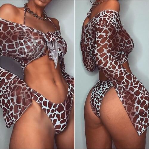 Sarong beach wrap Long Sleeve Bikini Swimwear Women Three Pieces 2021 Leopard Swimsuit Female Summer Biquini Sexy Bathing Suit