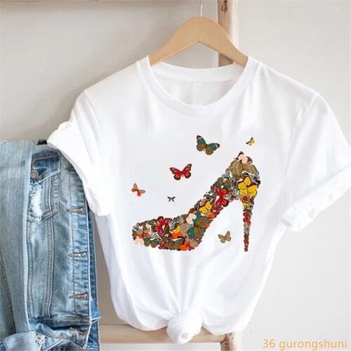 2021 Sexy High Heels Stiletto Shoes Watercolor Paintings T Shirt Graphic T-Shirt Top Women Clothes Female Clothing 90s T-Shirts
