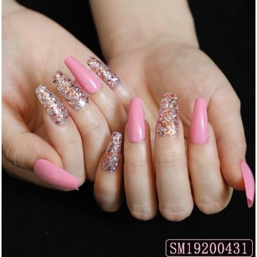 24pcs/box Pink Long Ballet Fake Nails Silver Nail Glitter Decoration Nail Extension Oily UV Sweet Dutch Glue Wear Nail Art