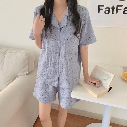Summer Loose Women Fashion Cherry Print PyjamaKoreanSleep Tops+shorts Sleepwear Kawaii Sexy Lingerie Loungewear Button Pajama