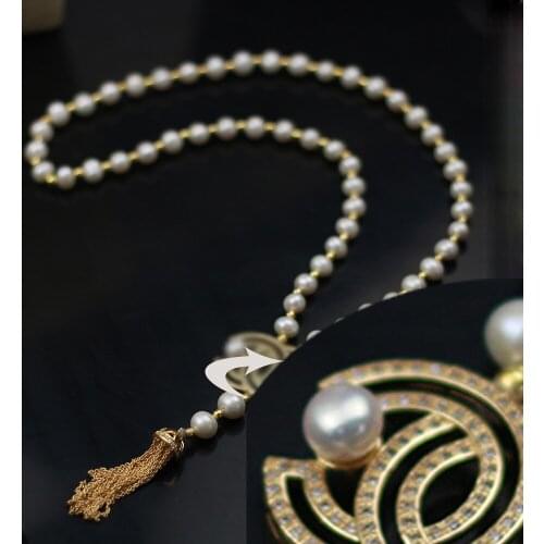 MADALENA SARARA 8-9mm AAA Freshwater Pearl Necklace White Pearl Long Necklace Tassel Sweater Pearl Necklace 60cm