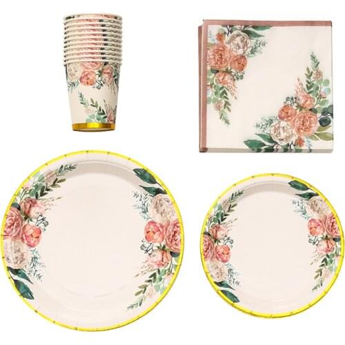 Floral Pattern Disposable Tableware Set Plates Cups Napkins Birthday Party Baby Shower Decoration Birthday Party Supplies