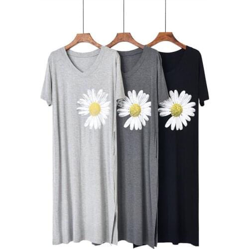 New Summer Plus Size Nightdress Female Korean Version of Modal V-neck Comfortable Short-sleeved Sexy Split Printed Home Skirt