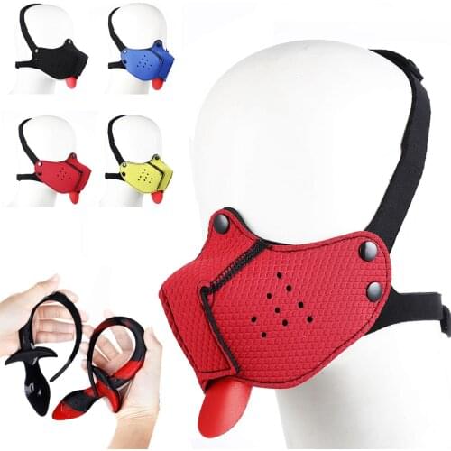 Puppy Play Dog Mask Hood Rubber Half Face Bondage Muzzle Mask With Tongue Dog Slave Roleplay Dog Tailplug Mouth Gag Bdsm Sex Toy