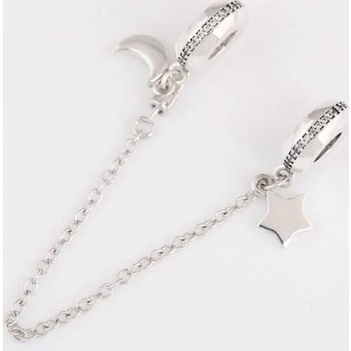 S925 DIY Jewelry Personal Galaxy Safety Chain Charm fit Lady Bracelet Bangle Lady Moon & Star Clear CZ