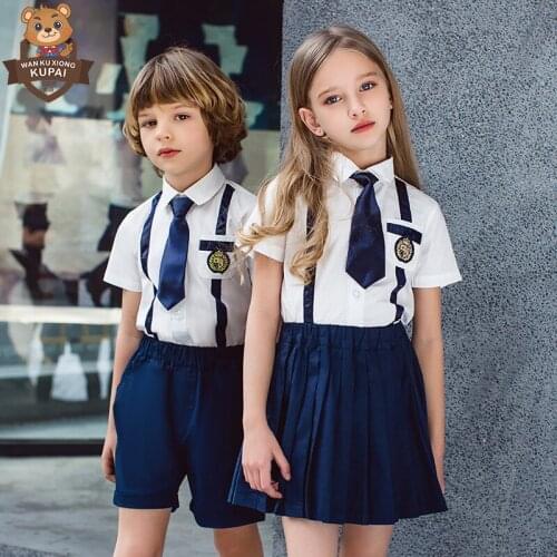 Students School Uniform Summer British College Preppy Style Clothes Suit Boys Girls Children Short Sleeve 2-piece Clothing Sets
