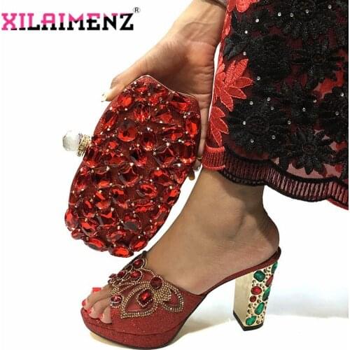 Red Color Nigerian Slippers with Matching Bag for Woman African Party Shoes and Bag Set African Wedding Shoes with Crystal