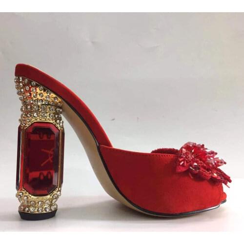 Macytino Beading Butterfly High Heel Slippers Satin Purple Dress Shoes Women 10cm Gemstone Heel Formal Party Shoes