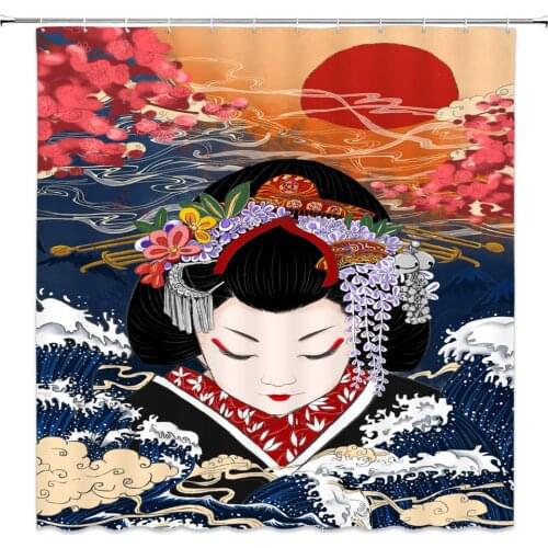 Japanese Vintage Geisha Girl Wave Ocean Watercolor Abstract Floral Traditional Curtains