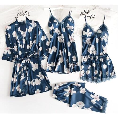 Women Satin Sleepwear 5 Pieces Pyjamas Sexy Lace Pajamas Sleep Lounge Pijama Silk Night Home Clothing Pajama Suit
