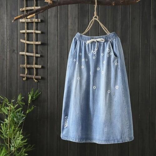 2021 Women Spring Summer Vintage Skirts Ladies Lace Up Embroidery Denim Elastic High Waist Skirt Female Casual Print Faldas D870