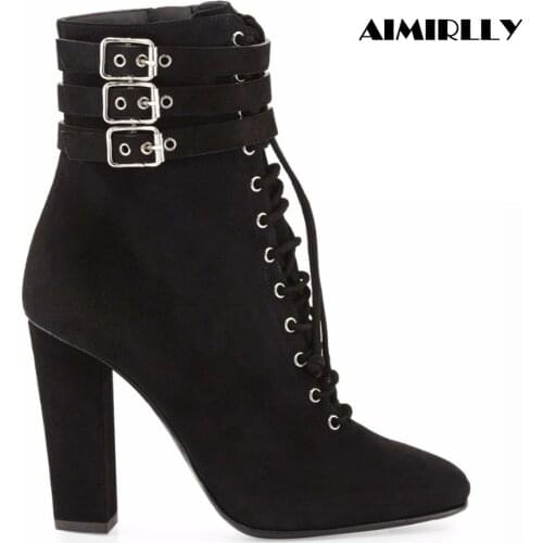 Womens Shoes Round Toe Block Heel Ankle Boots Lace Up Ankle Buckle Booties Black Faux Suede Ladies Autumn Winter Footwear