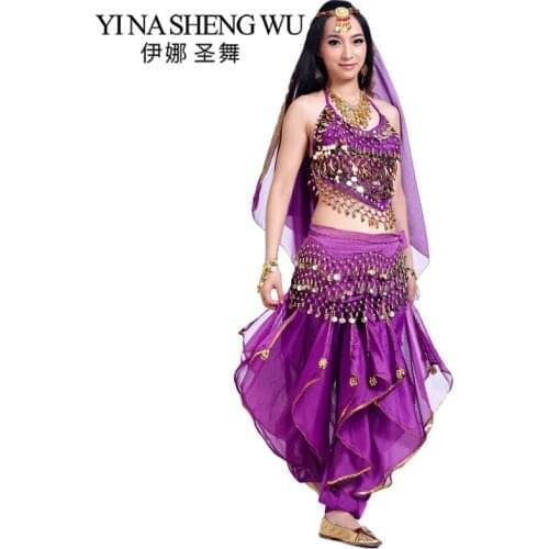 Bollywood Belly Dance Costumes Adults Indian Dance Performance Set Belly Dance Costumes 5Pcs Headdress+Veil+Top+Hip scarf+Pants