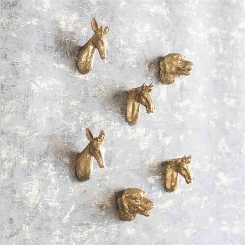 2 in 1 Solid Brass Furniture Handles Wall Hook Animals Head Shaped Cabinet Door Drawer Knob Pullers Wardrobe Dresser Handle