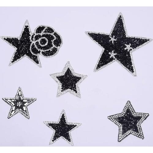 6 Pieces/lot 3D Rhinestones Star Patches for Backpack Hats Handmade Crystal Stars Beaded Applique Iron on Patch Vintage 6 Styles