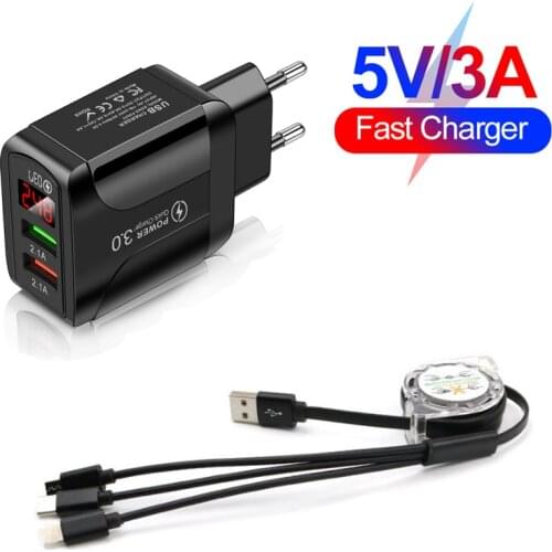 EU/US Plug Fast Charging Adapter Phone Charger Quick Charge Adapter 2 USB Ports Hub QC3.0 3 in 1 Phone Charger Cable LED Display