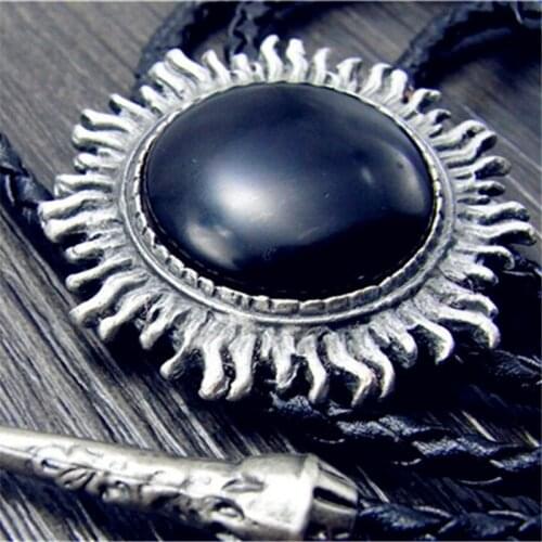 Bolo Tie Retro shirt chain Imitation of obsidian sun Poirot led rope leather necklace Long tie hang