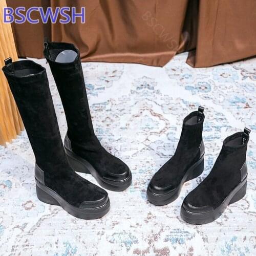 Booties Woman 2021 Sexy Thigh High Boots Wedge High Heel Round Toe Black Basic Slip On New Fashion Shoes For Woman 35-39