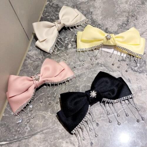 Elegant Fabric Bow Hairpin Crystal Rhinestone Tassel Chain Hair Clips Headpiece Luxulry Jewelry Hair Accessorie for Women Girls